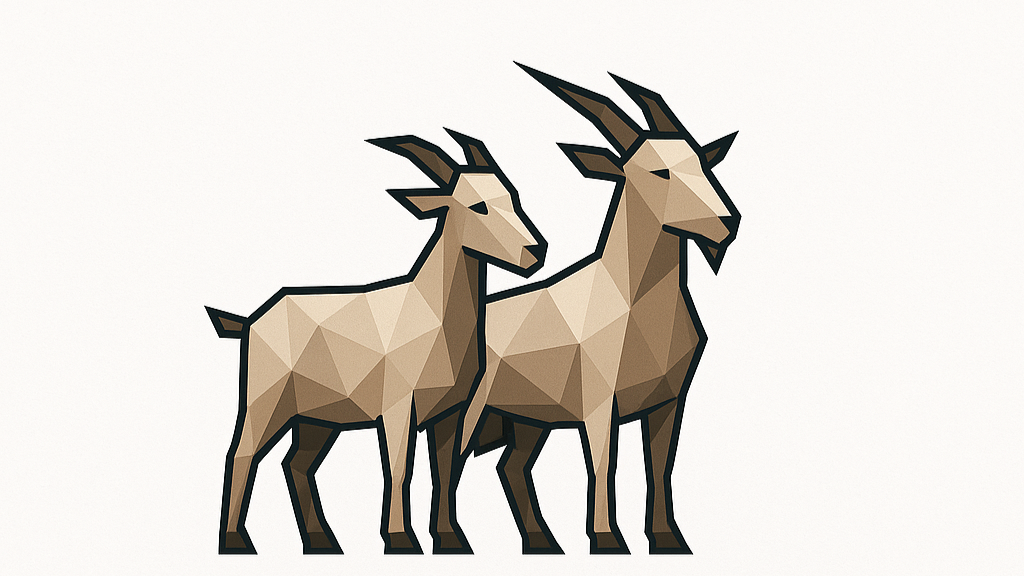 Logo of 'Two Good Goats' with stylized images of two goats on a white background.